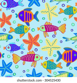 Cute colorful seamless sea pattern with fishes and starfish. 
