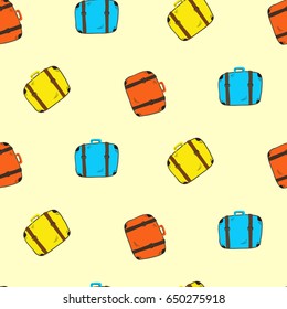 Cute colorful seamless suitcases pattern. Hand drawn blue, red and yellow travel bags