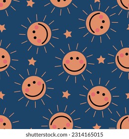 cute colorful seamless sun pattern blue background for summer prints, posters, wrapping paper,backgrounds, wallpaper, scrapbooking, textile, kids fashion, stationary