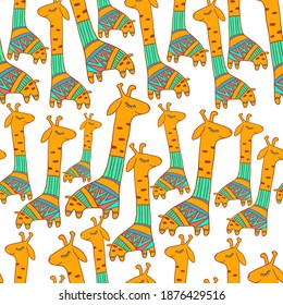 Cute colorful seamless vector illustration decorative pattern of adorable lined giraffe in a costume. The design is perfect for textiles, stationary, wrapping paper, decorations.