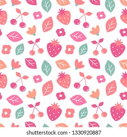 cute colorful seamless vector pattern background illustration with strawberries, cherries, leaves and flowers