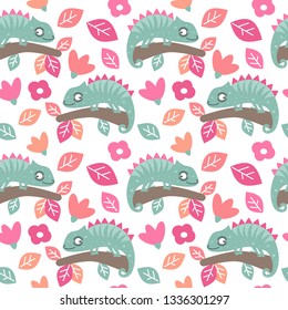 cute colorful seamless vector pattern background illustration with chameleons, leaves and flowers