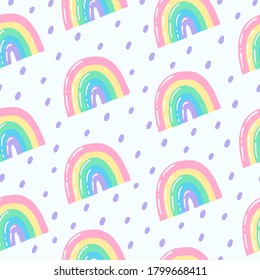 Cute colorful seamless vector pattern with pastel rainbow and dots. Vector template for textile, wrapping paper and prints