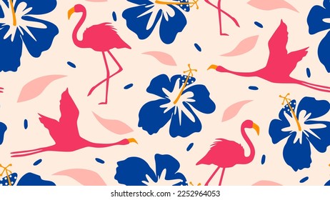 Cute colorful seamless vector pattern illustration with pink flamingos and blue hibiscus flowers on pastel background