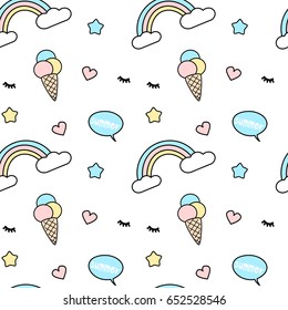 cute colorful seamless vector pattern background illustration mix with rainbow, ice cream, eyelashes, heart, star and speech bubble with summer word
