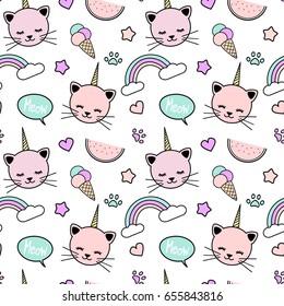 cute colorful seamless vector pattern background illustration with unicorn cats, rainbow, speech bubble, ice cream, stars, hearts and paws