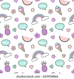 cute colorful seamless vector pattern background illustration with pineapples, rainbow, speech bubble, ice cream, stars, hearts, shellfishes and flowers