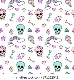 cute colorful seamless vector pattern background illustration with skulls, bones, rainbow, ice cream, hearts, stars, strawberries, flowers and cherries