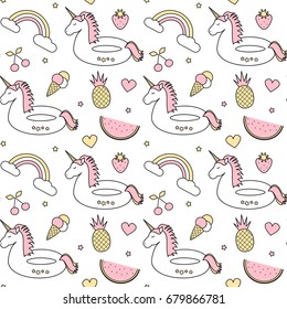 cute colorful seamless vector pattern background illustration with float unicorn, rainbow, ice cream, pineapple, cherry, strawberry, heart and star