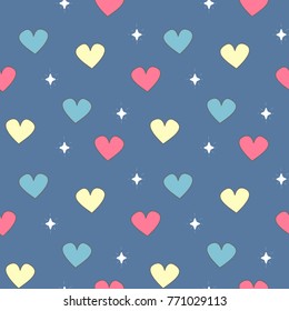 cute colorful seamless vector pattern illustration with hearts and stars on blue background