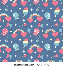 cute colorful seamless vector pattern background illustration with rainbows, hearts, ice cream, lollipops, butterflies  and stars