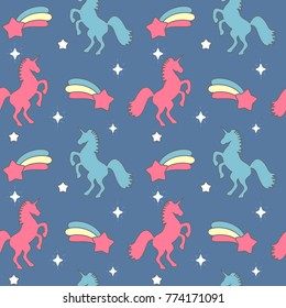 cute colorful seamless vector pattern background illustration with rainbow comets, unicorns and stars