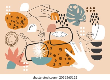 Cute colorful set with abstract art objects for an art exhibition on beige background. Abstract shapes, portraits of people, hands, spots and textures for backgrounds. Flat cartoon vector illustration
