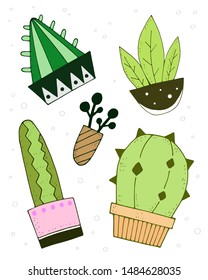 Cute colorful set with cartoon cacti and decorative elements. vector illustration. 