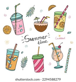 Cute colorful set with cocktails collection, alcoholic and non-alcoholic summer drinks with ice cubes, fruits, drinking straws and text.  Vector illustration. Great for bar menu design, packaging.