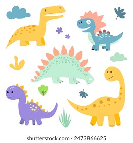 A cute colorful set of dinosaurs. Vivid illustrations of dinosaurs of different natures. Vector graphics of dinosaurs. Isolated on a white background.