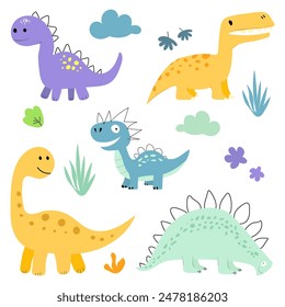 Un lindo conjunto de dinosaurios de colores. Ilustraciones vívidas de dinosaurios de diferentes naturaleza. Vector gráfico de dinosaurios. Aislado sobre un fondo blanco.