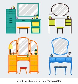 Cute colorful set of flat dressing tables with girl's things, mirror, perfume, lipstick, cosmetic. Isolated interior objects for dressing woman room. Furniture for feminine boudoir vector illustration