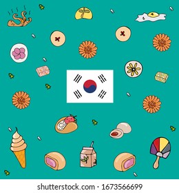 cute colorful set of food and cultural icons of the South Korea on blue-green background 