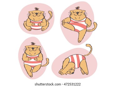 Cute, colorful set of funny cat practicing yoga. Vector drawing of cat in four different yoga poses.