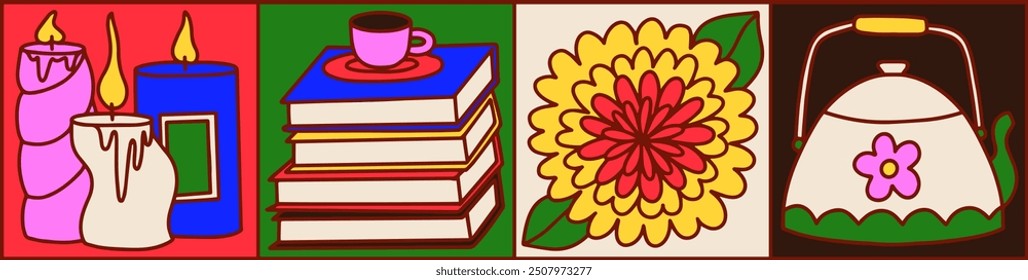 Cute colorful set of hand drawn autumn illustrations. Cartoon style. Cozy home. Fall elements. Bright pattern background. Candles, books, cup of coffee, chrysanthemum flower and teapot icons. 