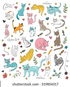 Cute colorful set  of hand drawn cats with twigs flowers and leaves. The set contains a word cat in Russian - koshka. Illustration in vector format