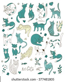 Cute colorful set of hand drawn cats with twigs flowers and leaves