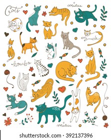 Cute colorful set of hand drawn cats with twigs flowers and leaves