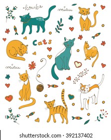 Cute colorful set of hand drawn cats with twigs flowers and leaves