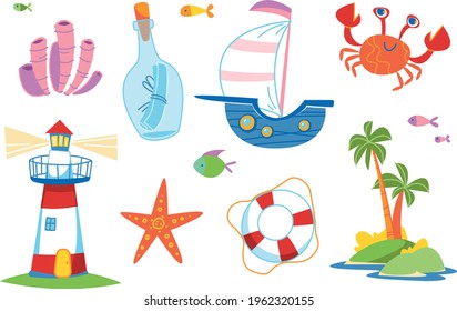 Cute colorful set of marine elements. Ship, Lighthouse, Algae, crab, Desert island, lifebuoy, bottle with a message. For decor clipart. Kids cartoon funny print. Summer travel on water cruise art