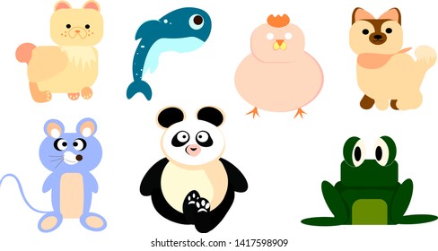 Cute colorful set of Pets and forest animals. Lovely baby Panda, dog, kitten, frog, mouse and little Dolphin. The illustration is ideal for printing and making postcards.