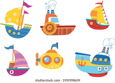 Cute colorful set of vector Boats. Ship children s print is bright. For the decor of postcards, clothes, sticker clipart. Baby cartoon transport. Traveling in the summer on a cruise on the water art