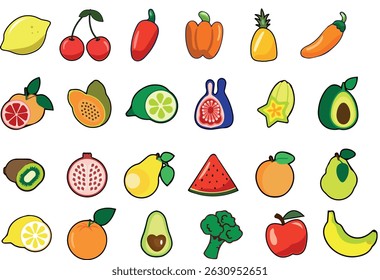 Conjunto colorido bonito de legumes e frutas em um fundo transparente.