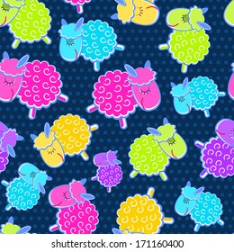 Cute Colorful Sheep Seamless Pattern on Dark Blue Background