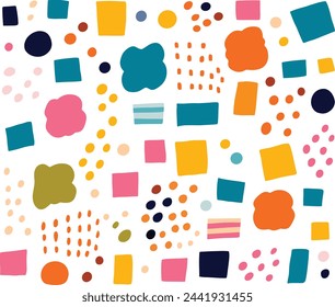 Cute, Colorful, Simple Doodle, Cartoonish Confetti Pattern on White Background, With Large Squares of Various Colors, Dots, Lines, Shapes, Flat Design Style, Simple Line Art, Flat Color Blocks