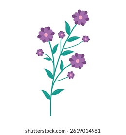 Cute and colorful simple flowers with green leaves on a white background. Spring and Summer Season