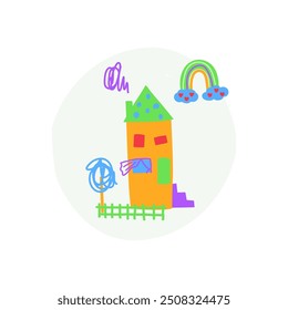 Cute colorful simplistic clip art house with rainbow. Flat vector illustration. Childish naive art style