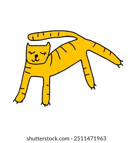 Cute colorful simplistic clip art yellow cat on a transparent background. Childish naive art style. Hand drawn vector illustrations.