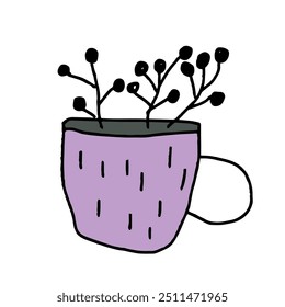 Cute colorful simplistic clip art branches in a mug. Vegan food. Autumn composition. Childish naive art style. Hand drawn vector illustrations.