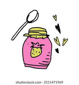 Cute colorful simplistic clip art strawberry jam with spoon and hearts. Childish naive art style. Hand drawn vector illustrations.