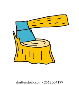 Cute colorful simplistic clip art stump with axe. Childish naive art style. Hand drawn vector illustrations.