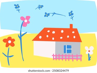 Cute colorful simplistic illustration house with flowers. Flat vector illustration. Childish naive art style