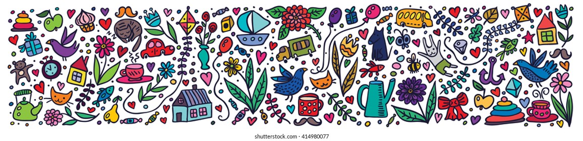 Cute colorful site header with nice things. Joyful bright vector top banner.