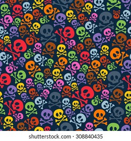 Cute colorful skulls and crossbones seamless pattern. Halloween background vector illustration.