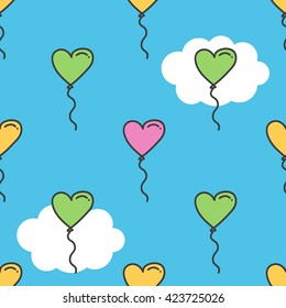 Cute colorful sky seamless pattern background with cartoon heart balloons and clouds.