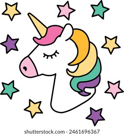 Cute colorful sleeping unicorn face with stars