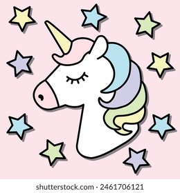 Cute colorful sleeping unicorn face with stars