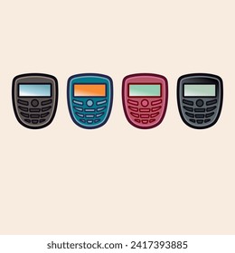 Cute and colorful small iconic retro mobiles with keyboard, screen reflection and blackberry shape vector line art