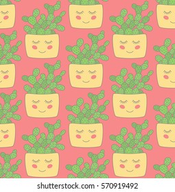 Cute colorful smiley doodle cactus plant flower house pot