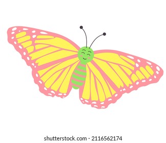 Cute colorful smiling butterfly. Flying insect. Cartoon character. Vector illustration isolated on white background.